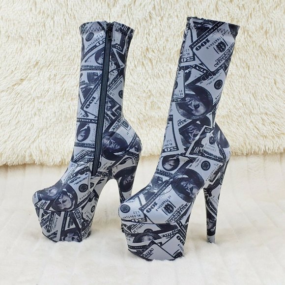 Dollar Money Print 7" High Heel Stretch Sock Platform Ankle Boots Adore 1002 - Picture 2 of 12